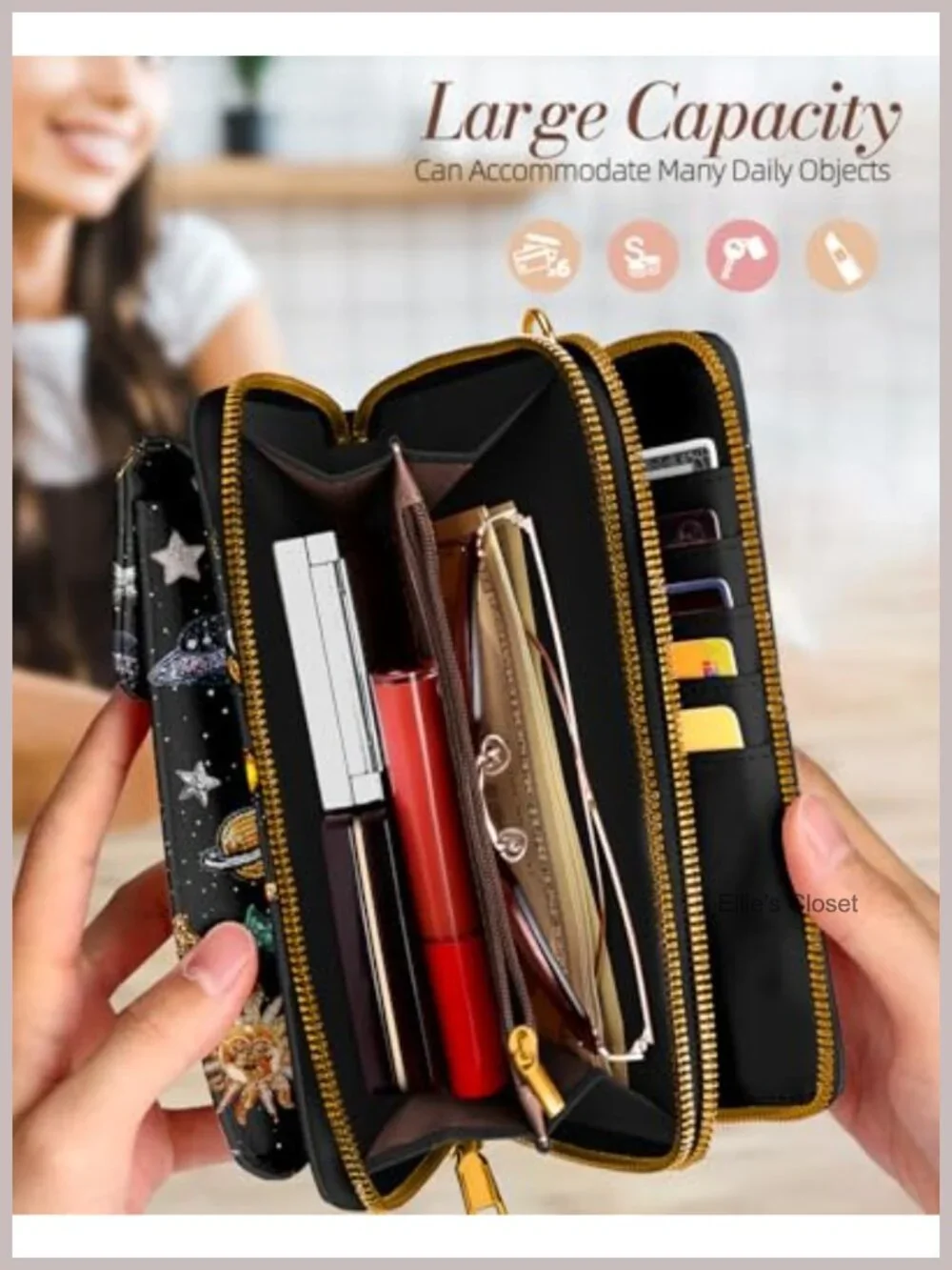 Vegan Leather Crossbody Phone Bag with 10 Card Slots, Adjustable Strap